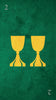 A green Tarot Médiéval card by Schiffer Publishing, Ltd. displays two yellow cups side by side, with the number 2 in white at the top left and bottom right corners, designed in a medieval style.