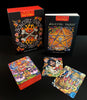 The Bonefire Tarot by Schiffer Publishing, Ltd. features vivid, hand-painted cards with intricate artwork and bold designs inspired by Sailor Jerry tattoo art. The deck comes with a box and guidebook, all set against a dark background.