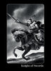 A knight in armor rides a galloping horse, sword raised high beneath a stormy sky—a bold scene from Schiffer Publishing, Ltd.'s Nightfall Tarot, inspired by the classic 78-card Knight of Swords.