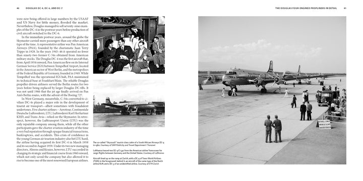 Two black-and-white photos: Left, people by early airliners; right, a Douglas DC-4 or DC-6 on a runway with nearby figures. From "Douglas DC-4, DC-6, and DC-7" by Schiffer Publishing, Ltd.