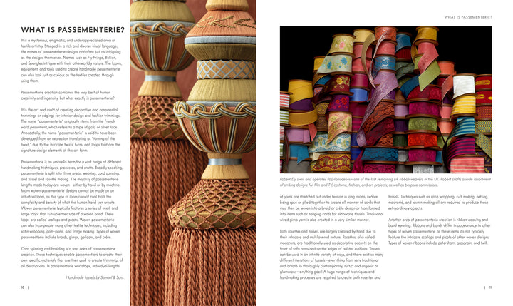 On the left, ornate earthy-toned tassels; on the right, vibrant stacked spools of Schiffer Publishing, Ltd.'s Passementerie—featuring intricate handwoven trims and embroidered decorative accents.