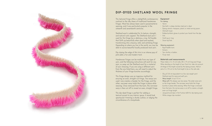 Passementerie by Schiffer Publishing, Ltd.: A handwoven Shetland wool fringe, dip-dyed from natural beige to pink, displayed on white—ideal for textile crafts. Includes instructions and text.