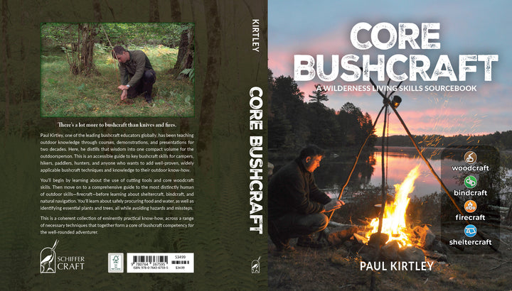 Core Bushcraft by Schiffer Publishing, Ltd. features a cover of a man by a lakeside campfire at sunset, with icons for woodcraft, bindcraft, firecraft, and sheltercraft—highlighting this true outdoor survival guide.