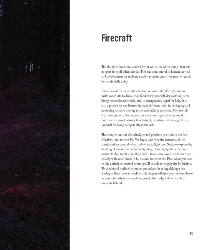 A page from Schiffer Publishing, Ltd.’s Core Bushcraft emphasizes essential bushcraft skills for survival. The black background features white and gray text, and page 39 is marked in the bottom right corner.
