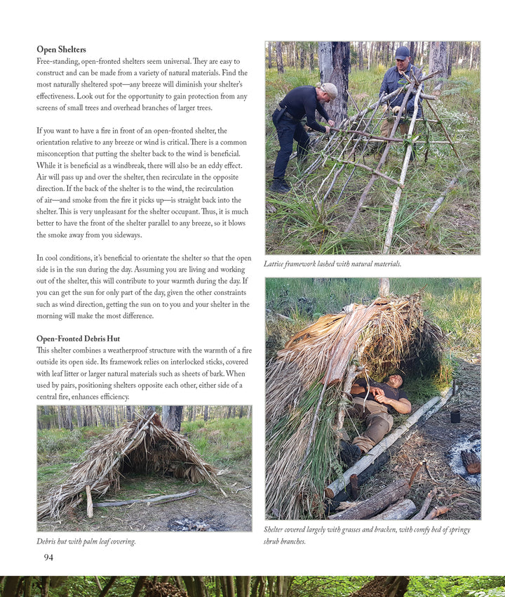 A page from "Core Bushcraft" by Schiffer Publishing, Ltd. shows photos and step-by-step instructions for making open shelters using sticks and branches, with labels on the framework—ideal for practicing key bushcraft skills.