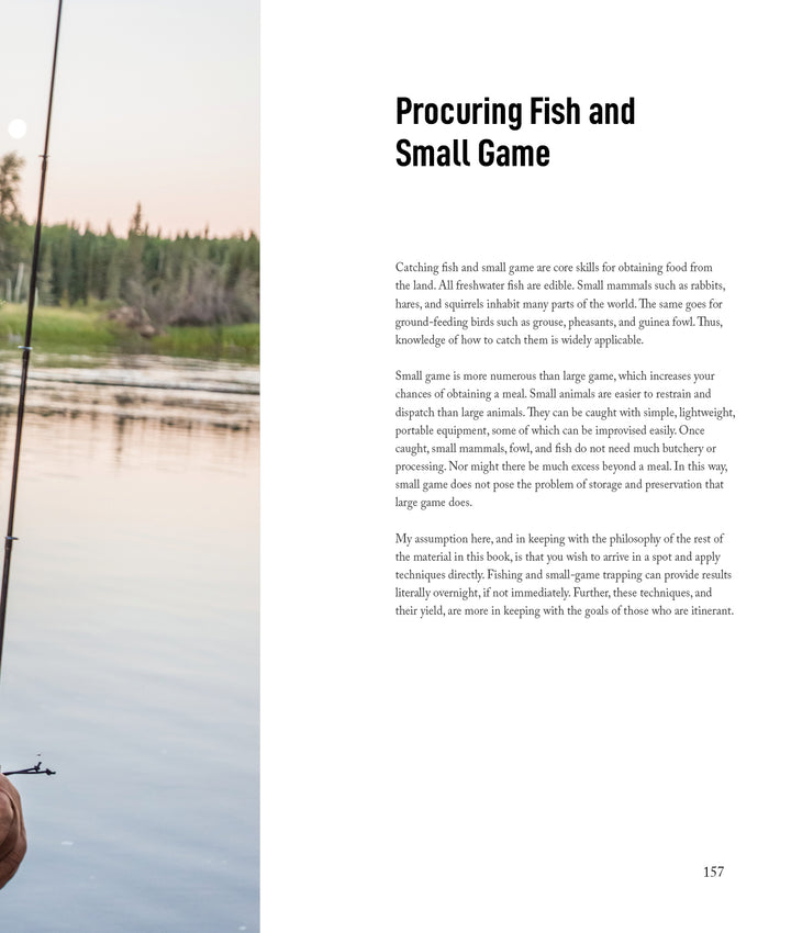 A person is fishing by a calm lake at sunset. On the right, text from Schiffer Publishing, Ltd.'s Core Bushcraft highlights abundant fish and small game, their nutritional value, and key wilderness skills for successful procurement.