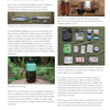 A page from "Core Bushcraft" by Schiffer Publishing, Ltd. shows knives, fire-starting tools, folding saw, first aid kit, headlamp, mug, and pouches with images and descriptions of each essential bushcraft item.