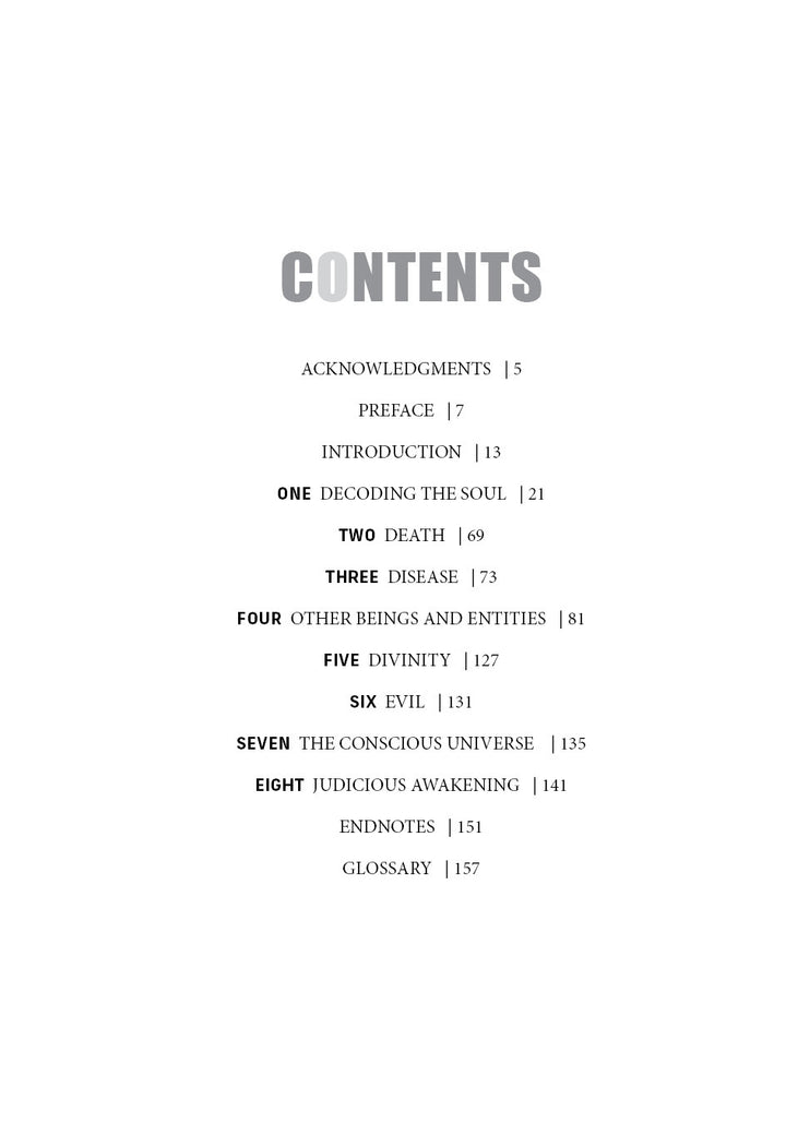 The Table of Contents for Soul by Schiffer Publishing, Ltd. features bold CONTENTS at the top, listing acknowledgments, preface, introduction, and eight chapters on subjects such as the soul, death, evil, divinity, and spiritual layers, all with page numbers.