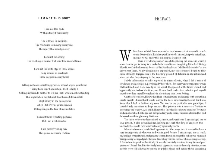 Image showing two pages from Soul by Schiffer Publishing, Ltd.—the left page features the poem "I AM NOT THIS BODY" about the soul's disconnection from the body; the right page displays the preface with childhood memories.