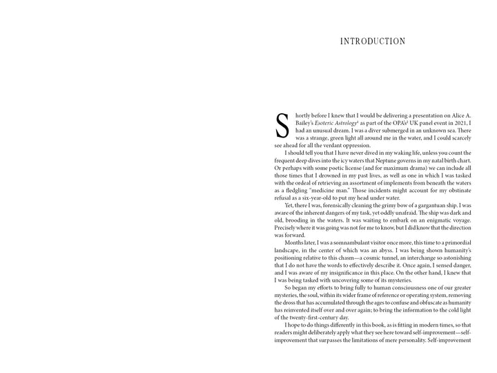 A book page titled INTRODUCTION features a block of justified text starting with a large S, discussing reading, self-improvement, and experiences with Alice A. Bailey’s works in "Soul" by Schiffer Publishing, Ltd.