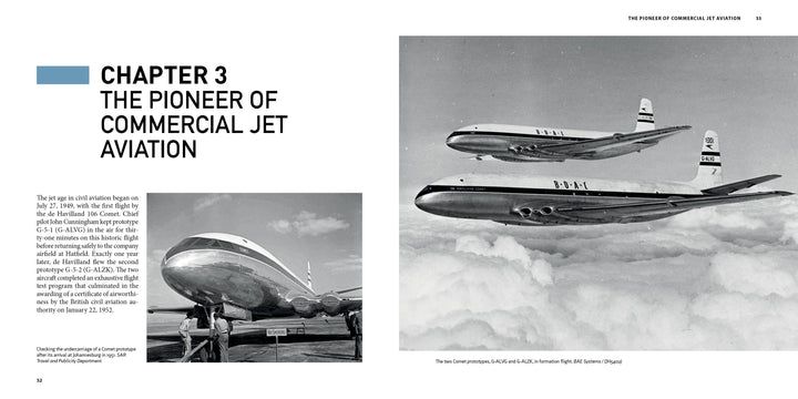 A photo spread features the De Havilland DH.106 Comet—the first commercial jet airliner—on the ground and in flight, highlighting its 1950s curves in this illustrated history from Schiffer Publishing, Ltd.