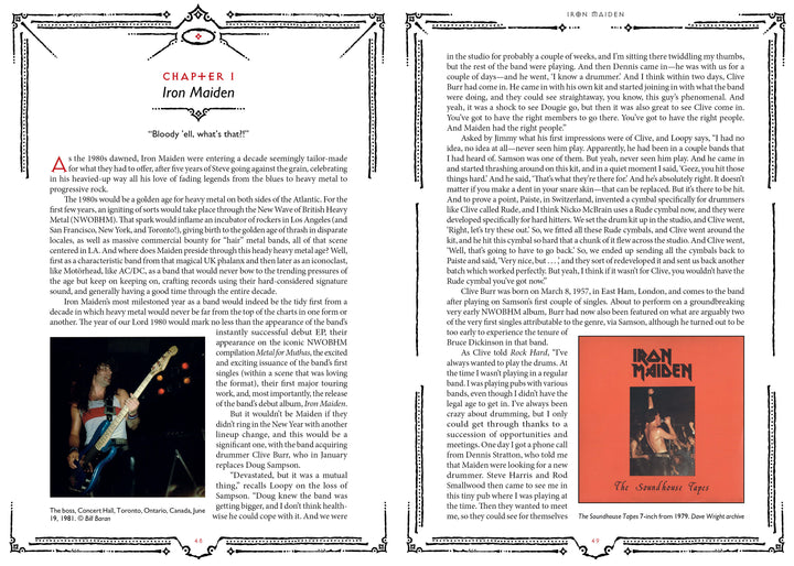 A two-page spread from Schiffer Publishing, Ltd.'s "Hallowed by Their Name" shows a chapter title, decorative borders, and a band guitarist photo on the left, with text and an orange cassette tape image on the right.
