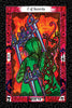 The Vedic Tarot by Schiffer Publishing, Ltd. features a vivid 7 of Swords card with a hooded green figure holding five swords against a vibrant red-orange backdrop, ornate borders, and two swords left behind.