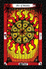 The Vedic Tarot by Schiffer Publishing, Ltd. features an Ace of Shields card with a sun-like shield adorned with intricate patterns and red-orange rays against a vivid yellow-red background, merging Vedic and Western Tarot symbolism.