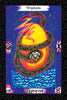 The Vedic Tarot by Schiffer Publishing, Ltd. features the Oogenesis card: a snake coils around a glowing yellow-orange egg beneath a lightning bolt, with stars in a purple sky and waves below, blending Vedic wisdom with classic Western tarot imagery.