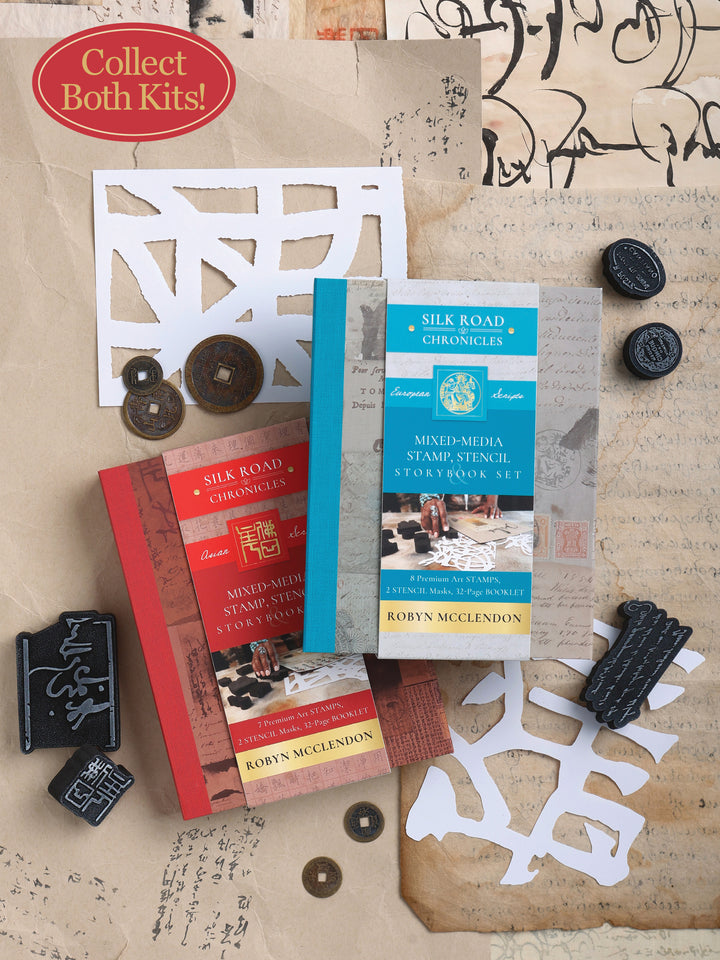 The Mixed-Media Stamp, Stencil, and Storybook Set Asian Scripts by Schiffer Publishing, Ltd. is displayed with vintage papers, foam stamps, coins, and stencils. A red label reads, “Collect Both Kits!”.