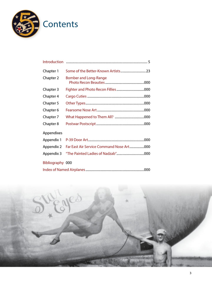 A contents page from Schifferbooks' "Nose Art of the 5th Air Force: Pin-Ups and More, 1942–1947" lists chapters on wartime aircraft nose art, with a faded photo showing a woman posing by “Star Eyes” and star motifs on a military plane.