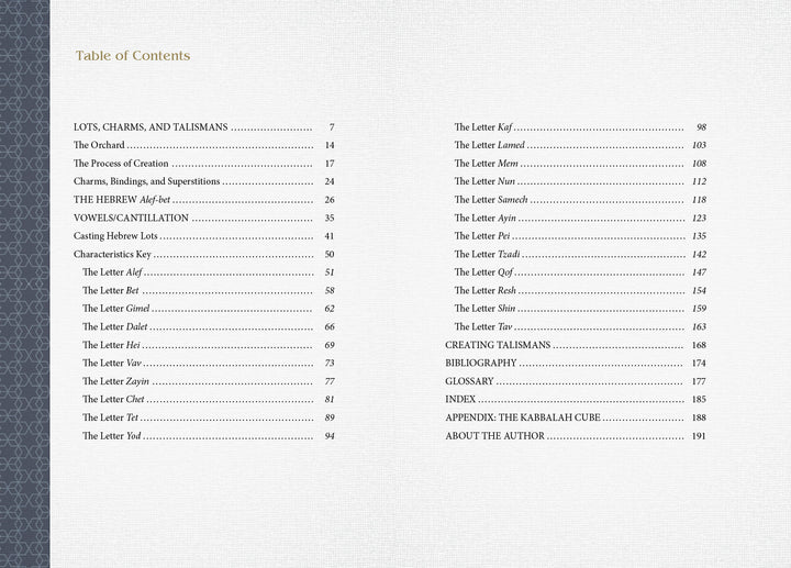 A table of contents from "Hebrew Casting Lots" by Schiffer Publishing, Ltd. shows chapter titles and page numbers on a gray and white background, covering the Hebrew Alefbet, kabbalistic divination, and Casting Lot talismans.