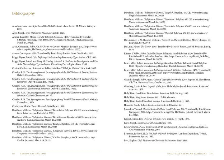 A two-page spread from "Hebrew Casting Lots" by Schiffer Publishing, Ltd. shows a bibliography section listing academic sources alphabetically, covering topics like the Hebrew Alefbet and kabbalistic divination, with full citations and web links.