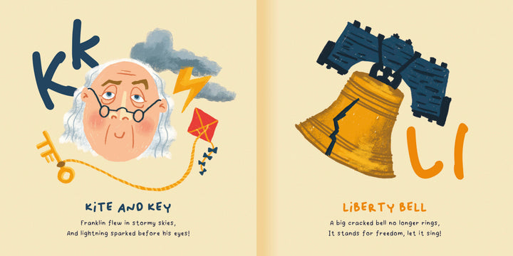 Discover Philly ABCs by Schiffer Publishing, Ltd.: An illustrated alphabet spread with Benjamin Franklin flying a kite on one page and a cracked blue Liberty Bell surrounded by orange "Ll" on the other—a playful tribute to classic Philly landmarks.