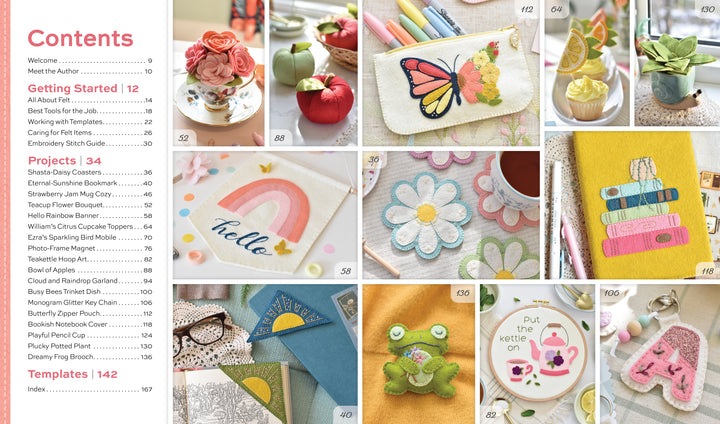The contents page of HeartFELT Crafts to Make and Give by Schiffer Publishing, Ltd. features images of beginner felt projects—like a strawberry cake, fruit pincushions, a rainbow, flowers, and a frog—alongside supplies and a table of contents.
