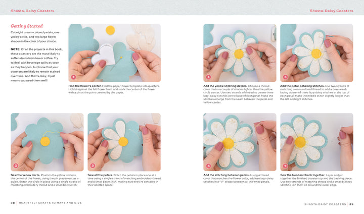 A step-by-step craft tutorial from HeartFELT Crafts to Make and Give by Schiffer Publishing, Ltd. shows how to assemble a felt daisy coaster with photos and instructions—perfect for beginners using white, yellow, and blue felt.