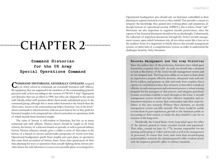 A book spread from "Combat Historian" by Schiffer Publishing, Ltd. shows Chapter 2: Command Historian for the US Army Special Operations Command, discussing combat historians’ duties and records in Army special forces.