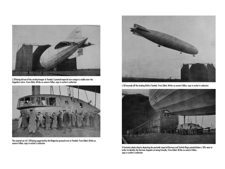 Four black-and-white historical photos in The Africa Ship by Schiffer Publishing, Ltd. show the Zeppelin airship near hangars, on the ground with people, and flying overhead; each image includes a caption for context.
