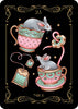 Two gray mice sit in teacups with a teabag, flower, and a heart-shaped pink ribbon. Gold stars and "23" adorn the black background—ideal for Moon Journaling or divination with the Nocturnal Garden Lenormand by Schiffer Publishing, Ltd.