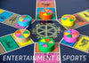 Colorful Trivial Pursuit pieces on a game board, each with unique wedges, rest among category spaces. Below reads "ENTERTAINMENT & SPORTS," highlighting Schiffer Publishing, Ltd.’s "Iconic Objects of the 1980s.