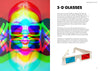 A split-page image: left side shows a person in 3-D glasses with a rainbow glitch effect, evoking '80s design; right side features info about Iconic Objects of the 1980s by Schiffer Publishing, Ltd., plus a photo of these cult glasses.