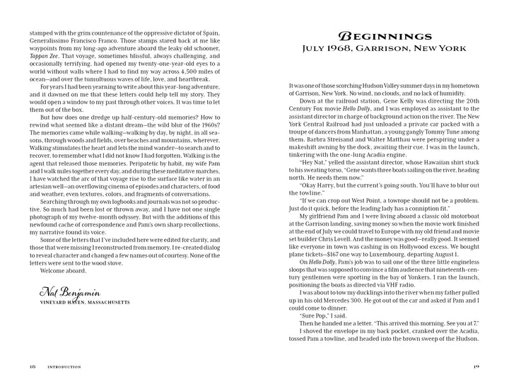 Two pages from the Rebel Voyage introduction, detailing personal memories from 1968 in Garrison, New York, and a reflection on a year-long transatlantic sailing voyage.