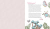 A two-page spread from the Wild & Whimsical Woodland Coloring Book by Schiffer Publishing, Ltd.: a pale pink left page with a white leaf pattern, and a right page with a welcome message and woodland creatures, mushrooms, leaves, and a butterfly.