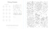 The Wild & Whimsical Woodland Coloring Book by Schiffer Publishing, Ltd. features blank flower swatches, a sketch of two wolves in a forest, and detailed nature patterns with flowers and foliage for coloring.