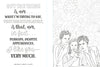 Black and white illustration from The Unofficial Rom-Com Coloring Book by Schiffer Publishing, Ltd.—features a Bridget Jones’s Diary quote and three people standing before a floral pattern; perfect for rom-com coloring book fans.