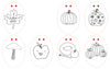 Six outlined autumn-themed drawings in oval frames from *Pumpkin Patch Pals* by Schiffer Publishing, Ltd. feature charming fall-inspired art: a maple leaf labeled "hello fall," a plain pumpkin, a decorated pumpkin, a smiling mushroom, a smiling apple, and a group of pumpkins with apples and cinnamon. These illustrations are perfect for any fall-themed coloring book or paper craft coloring book project.