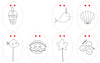 Under the Sea Besties by Schiffer Publishing, Ltd. features eight outlined oval frames with two red dots, each displaying line art of a bubble tea, narwhal, seashell, fish, oyster, star wand, and smiling bubbles—ideal for ocean-themed coloring books.