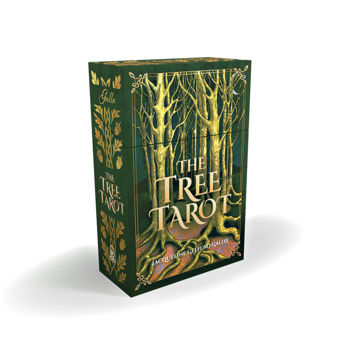 A green box of The Tree Tarot cards from Schiffer Publishing, Ltd., featuring an illustration of tall, mystical trees with golden accents. Inspired by forest wisdom, this beautifully crafted tarot deck displays the creators’ names—Jacqueline Felline and Eluso Gallo—printed below the title.