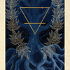 A card from The Tree Tarot by Schiffer Publishing, Ltd. displays a blue tree with gold leaves and roots, centered with a gold triangle against a starry night sky. The card features the number 22 at the top and Ash—The World at the bottom, encapsulating forest wisdom in its detailed design.
