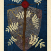 The Knight of Wands card from The Tree Tarot by Schiffer Publishing, Ltd. showcases a wooden wand crossing a shield, decorated with rowan leaves, set against an ornate dark blue background. “Rowan” is inscribed at the top, inviting forest wisdom through the enchanting design of this unique tarot card.