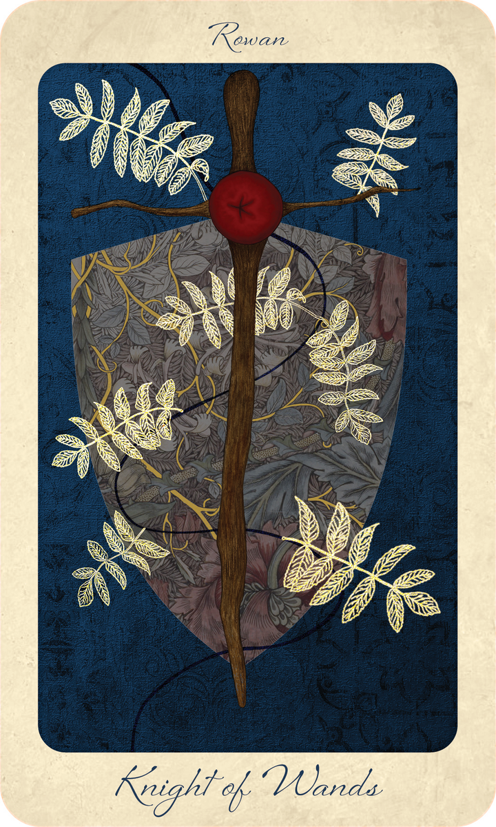 The Knight of Wands card from The Tree Tarot by Schiffer Publishing, Ltd. showcases a wooden wand crossing a shield, decorated with rowan leaves, set against an ornate dark blue background. “Rowan” is inscribed at the top, inviting forest wisdom through the enchanting design of this unique tarot card.
