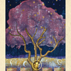 A mystical tree with pink leaves rises behind seven ornate cups beneath a starry sky, capturing the enchantment of The Tree Tarot by Schiffer Publishing, Ltd. One cup contains a glowing orb with a mouse inside, while the border names Fig and Seven of Cups.