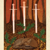 A fox sleeps curled up among autumn and oak leaves, with four swords—three upright and one lying down—set against a backdrop of trees in red-orange hues. Inspired by forest wisdom from The Tree Tarot by Schiffer Publishing, Ltd., this card is titled Oak – Four of Swords.