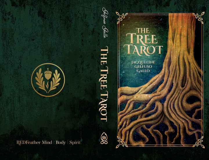 The book cover for The Tree Tarot by Schiffer Publishing, Ltd. showcases bold, swirling tree roots set against a star-filled night sky, reflecting forest wisdom and adorned with gold embellishments on a deep green background.