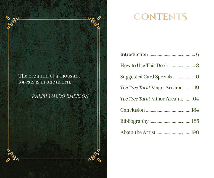 A quote by Ralph Waldo Emerson graces a green background alongside a table of contents that details sections of *The Tree Tarot*—including the introduction, how to use the Tarot deck, spreads, and more—all inviting you to explore the forest wisdom within this Schiffer Publishing, Ltd. release.