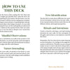 An open book displays “How to Use This Deck” from The Tree Tarot by Schiffer Publishing, Ltd., featuring sections on mindful observation, nature journaling, tree identification, and rituals. Text guides users in connecting with forest wisdom through the Tree Tarot deck.