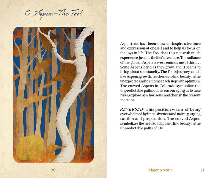 Here’s your rewritten sentence using the provided product data: This image features a white aspen tree with curved branches set against a vibrant blue, brown, and orange background. Accompanying text explores Aspen—The Fool tarot card’s symbolism and meanings, offering insights into both upright and reversed interpretations. Part of *The Tree Tarot* by Schiffer Publishing, Ltd., this illustration blends forest wisdom with traditional tarot symbolism for enhanced reflection.