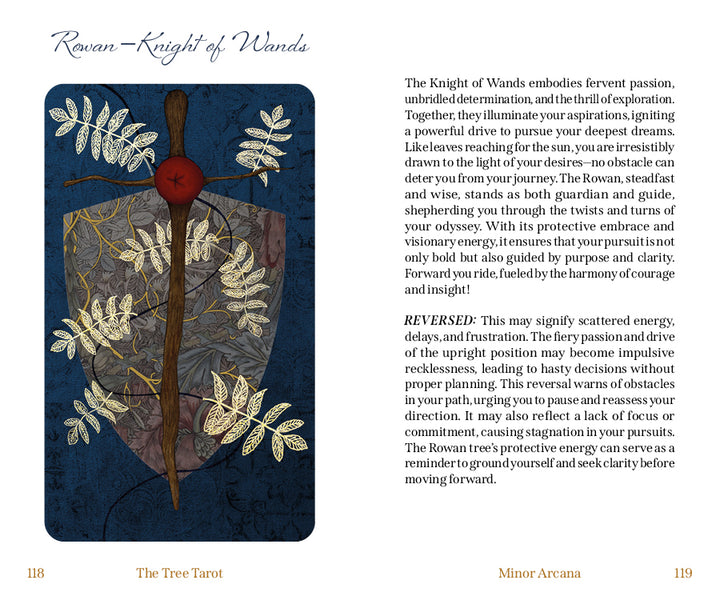 Here’s the revised sentence using your product data: A tarot card titled “Rowan – Knight of Wands” from Schiffer Publishing, Ltd.’s The Tree Tarot deck features a red wand adorned with leaves, golden branches, and white rowan berries set against a dark background. The accompanying text explores the card’s upright and reversed meanings, drawing on forest wisdom to deepen your understanding.