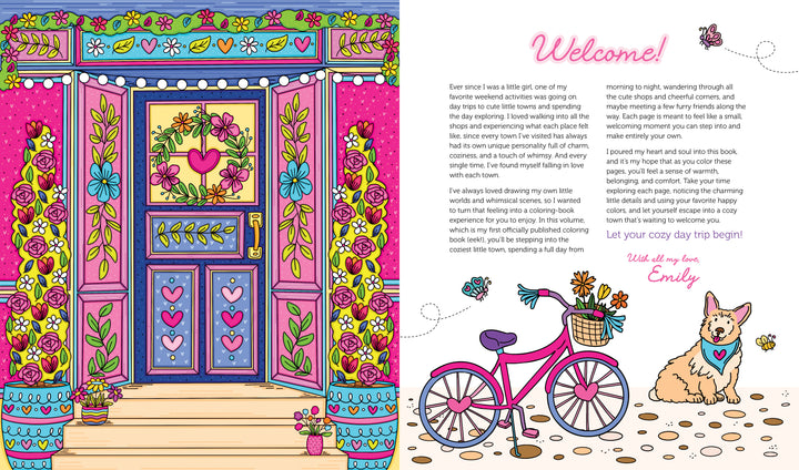Brightly illustrated with floral designs, a pink door, and welcoming steps, the cover of A Day in Cozy Town Coloring Book by Schiffer Publishing, Ltd. evokes the inviting charm of a cozy town. On the right side, you’ll find a pink bicycle with a basket, an adorable small dog, and a welcome letter from Emily Cromwell—all set against a crisp white background—perfectly capturing the playful and heartwarming style of this delightful coloring book.