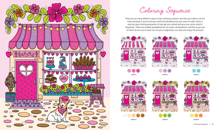 Step into the charming world of A Day in Cozy Town Coloring Book by Schiffer Publishing, Ltd., where you’ll find a delightful bakery shop with a pink awning, scrumptious cupcakes and bread on display, cheerful flowers, a welcoming bakery sign, and even a white dog wearing a pink scarf sitting outside—evoking the cozy vibes found throughout this coloring book. On the right-hand page, discover six step-by-step coloring guides to help you bring this enchanting Cozy Town bakery scene to life.